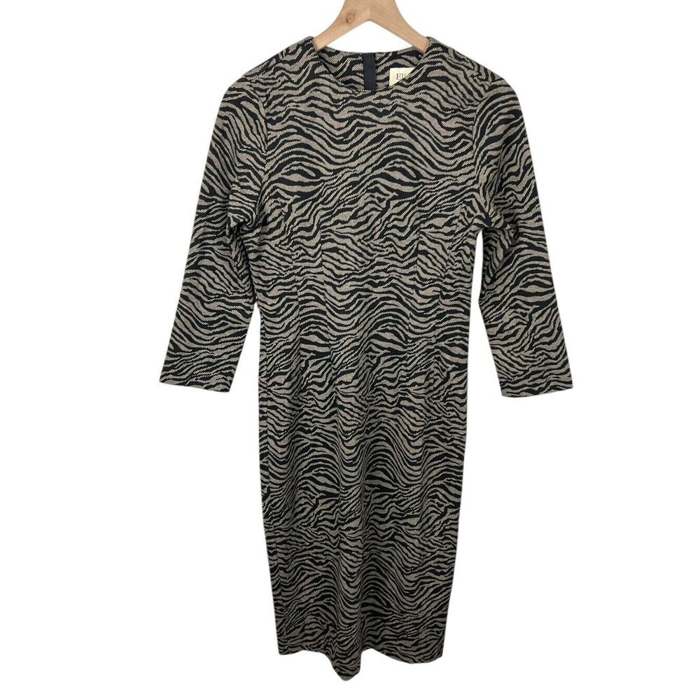 Elie Tahari Womens 6 Black‎ Tan Animal Print 3/4 Sleeve Sheath Midi Dress